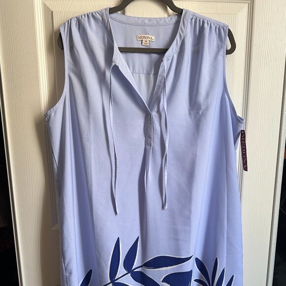 NWT Merona Women's 1X Light Blue Sleeveless Shift Shirt Dress Palm Print - FLAW - Picture 1 of 10